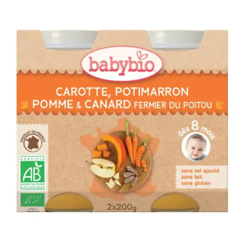 Babybio Midi Jars - 8 + months - Carrot, Pumpkin, Apple, Peasant Duck - ORGANIC 2X200G