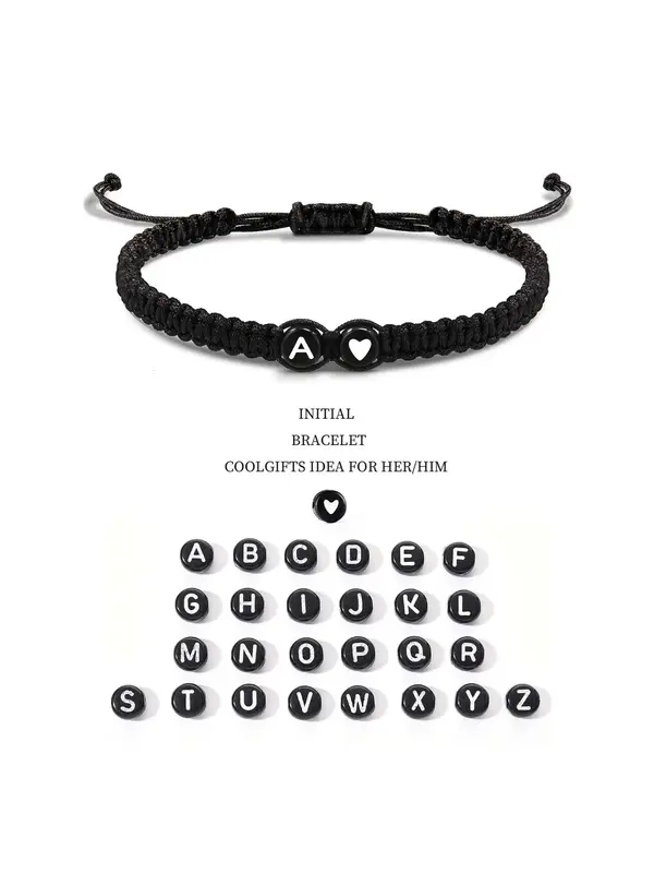 Summer 26 Letters & Heart Design Braided Drawstring Couple Bracelets, Casual Simple Plain Color Braided Bracelet, Adjustable ...