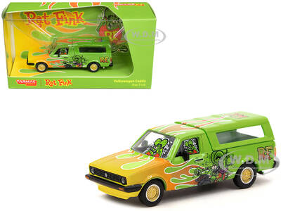 Volkswagen Caddy Pickup Truck with Camper Shell Green with Flames and Graphics \