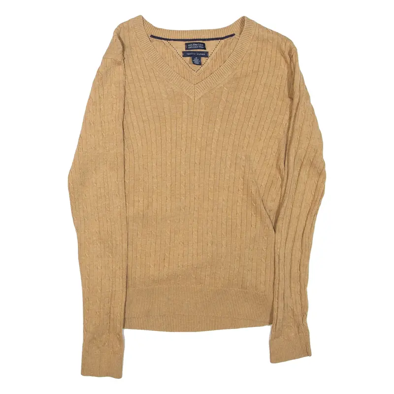 TOMMY HILFIGER Womens Jumper Brown V-Neck Cable Knit M