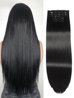 24 Inch Long Straight Clip-in Hair Extension, Natural Flat Black Hair Extension for Women, Synthetic Hair Extensions for Part...