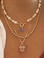 Elegant Faux Pearl Decorated Pendant Necklace for Women, 1 Count Rhinestone Eye & Hand Charm Necklace for Party, Daily Clothi...