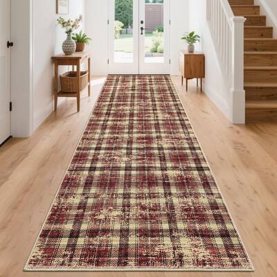 Garvee Washable Tartan Plaid Runner Rug Non-Slip Stain Resistant Pearl Velvet Soft Low Pile 2'x10' Red for Kitchen Bathroom E...