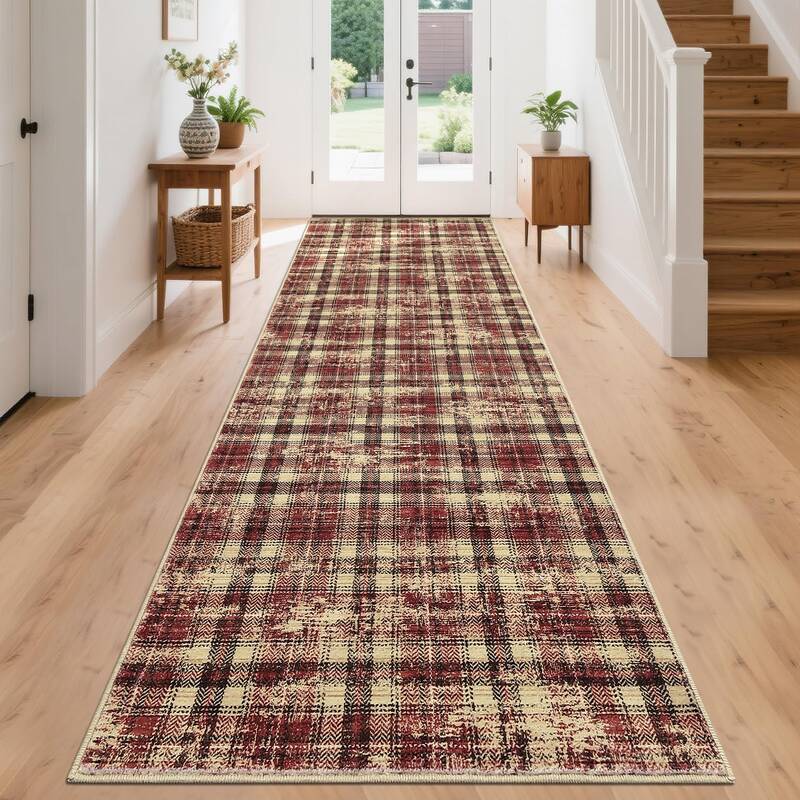 Garvee Washable Tartan Plaid Runner Rug Non-Slip Stain Resistant Pearl Velvet Soft Low Pile 2'x10' Red for Kitchen Bathroom E...