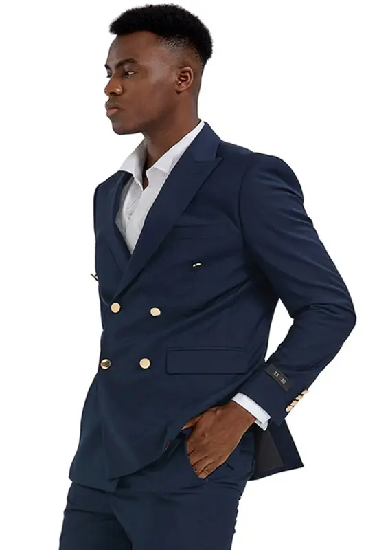Navy Blue Men's Slim Fit Double Breasted Wedding Suit with Gold Buttons