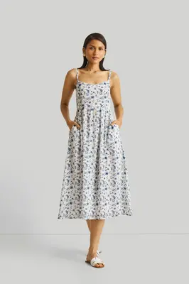 Strappy Gathered Blue Floral Midi Dress | Color: Wisteria Whimsy | Size: S