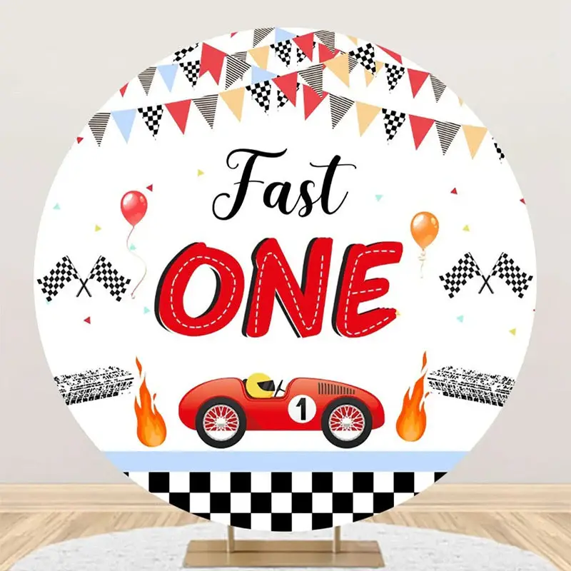 Round White Racing Car Fast One Birthday Backdrop