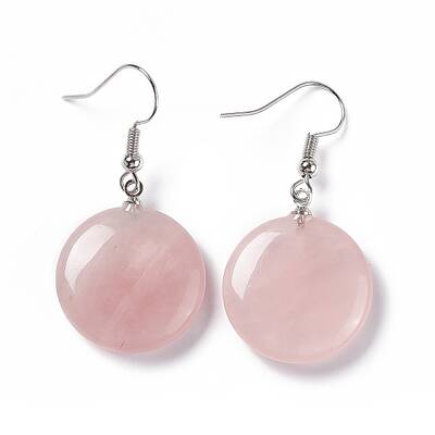 Natural Rose Quartz Flat Round Dangle Earrings