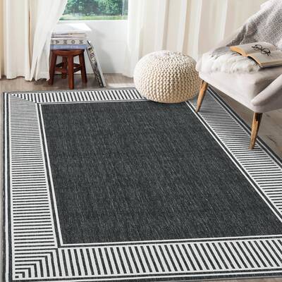 Garvee Bordered Black 8x10 Living Room Area Rug Modern Striped Border Throw Carpet with Rubber Backing Low Pile Stain Resista...