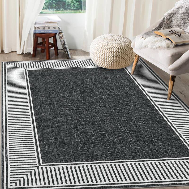 Garvee Bordered Black 8x10 Living Room Area Rug Modern Striped Border Throw Carpet with Rubber Backing Low Pile Stain Resista...