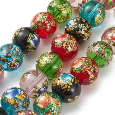 Flower Painted Handmade Lampwork Round Beads