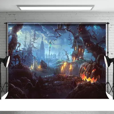 Halloween Forest Scary Scene Castle Pumpkin Backdrop - Aperturee