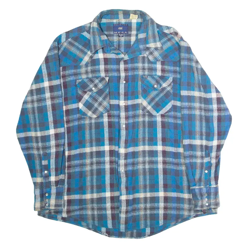 PAINTED MESA Western Mens Flannel Shirt Blue 90s Plaid Long Sleeve 2XL