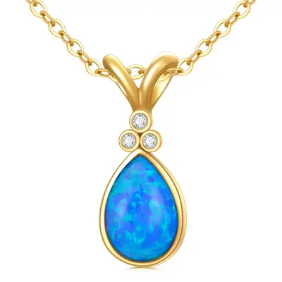 14K Gold Diamond & Blue Opal Drop Shape Aries Pendant Necklace