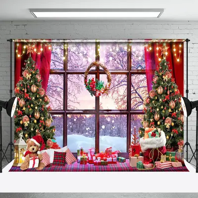 Aperturee Wood Window Sunset Forest Teddy Bear Xmas Backdrop