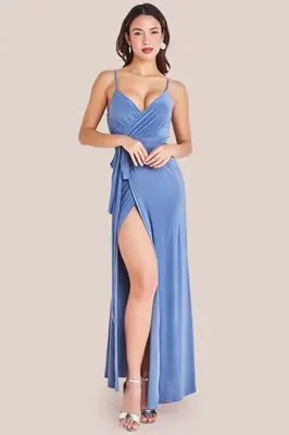 City Goddess Wrap Front Maxi Slip Dress With Waist Tie-Up - Cloudy Blue