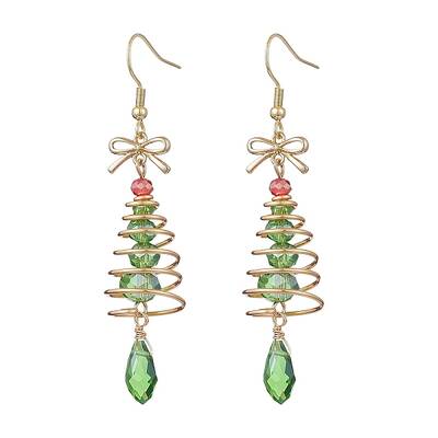Christmas Tree with Bowknot Brass Wired Glass Dangle Earrings