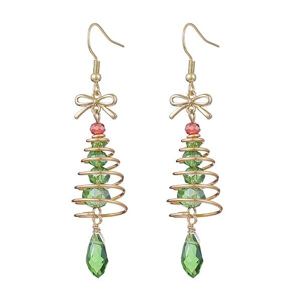 Christmas Tree with Bowknot Brass Wired Glass Dangle Earrings