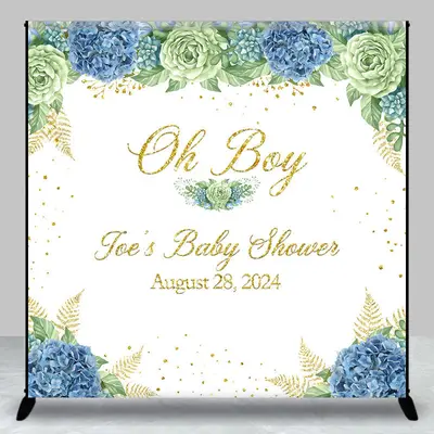 Oh Boy White Blue Floral Custom Baby Shower Backdrop - Aperturee