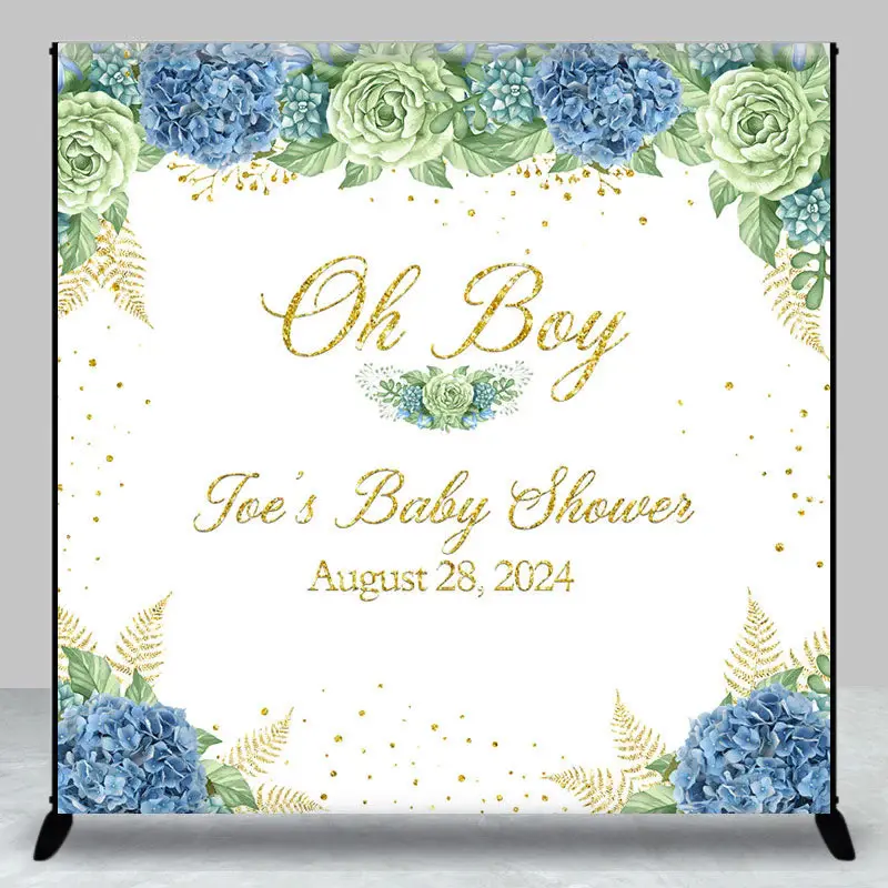 Oh Boy White Blue Floral Custom Baby Shower Backdrop - Aperturee