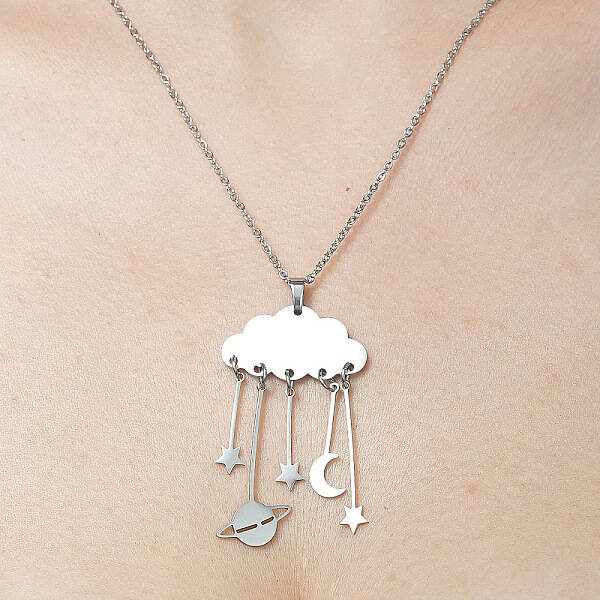Non-Tarnish 201 Stainless Steel Cloud with Planet Pendant Necklace
