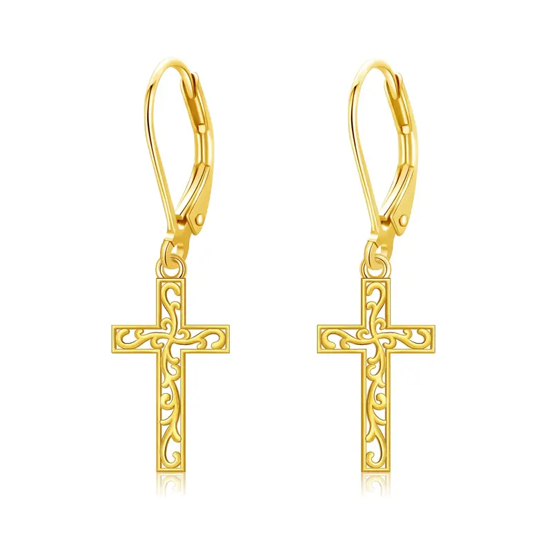 14K Gold Cross Drop Earrings
