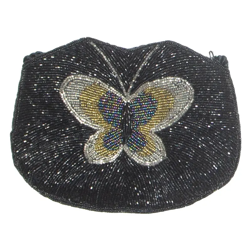 Butterfly Beaded Womens Clutch Bag Black Animal Print