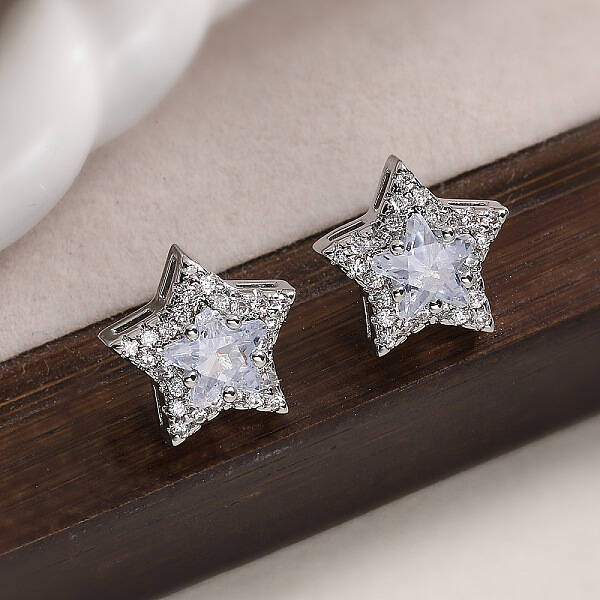 Brass Micro Pave Clear Cubic Zirconia Stud Earrings
