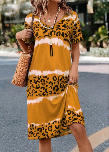 Modlily Yellow Leopard H Shape Short Sleeve Dress - L