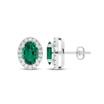 Statement Lab Grown Diamond Whisper Halo Earrings | 10K White Gold 1/4 ct. tw. Diamond & 6.5X4.5mm Oval Emerald