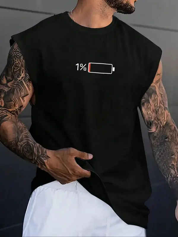 Men's Low Battery Print Sleep Tank Top, Casual Sleeveless Crew Neck Pajama Tee for Men, Homewear Top, Comfy Loungewear for Da...