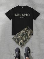 Two-Piece Set Men's Letter & Tree Print Short Sleeve Tee & Camo Print Shorts, Regular Fit Casual Round Neck T-shirt & Shorts,...