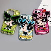 Cute Cartoon Powerpuff Girls Holder Case for iPhone 14 13 12 11 Pro Max X XR XS 6 6S 7 8 Plus SE 2020 Transparent Silicone Co...
