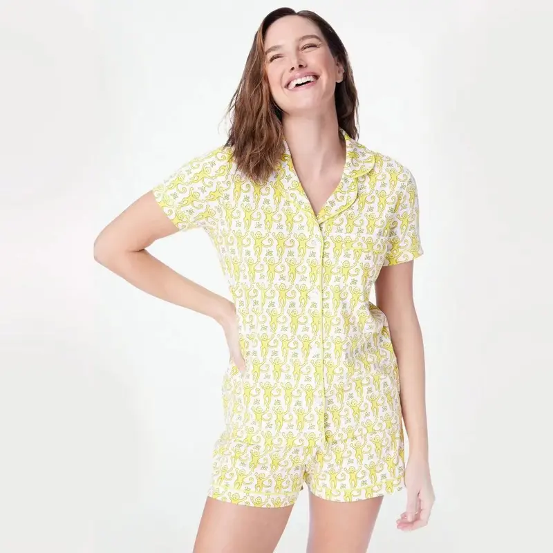 Womens Pajamas Set, 2PCS Button Down Vacation Monkey Beach Shorts Set Y2k Loungewear Pjs for Birthday Valentines Gift