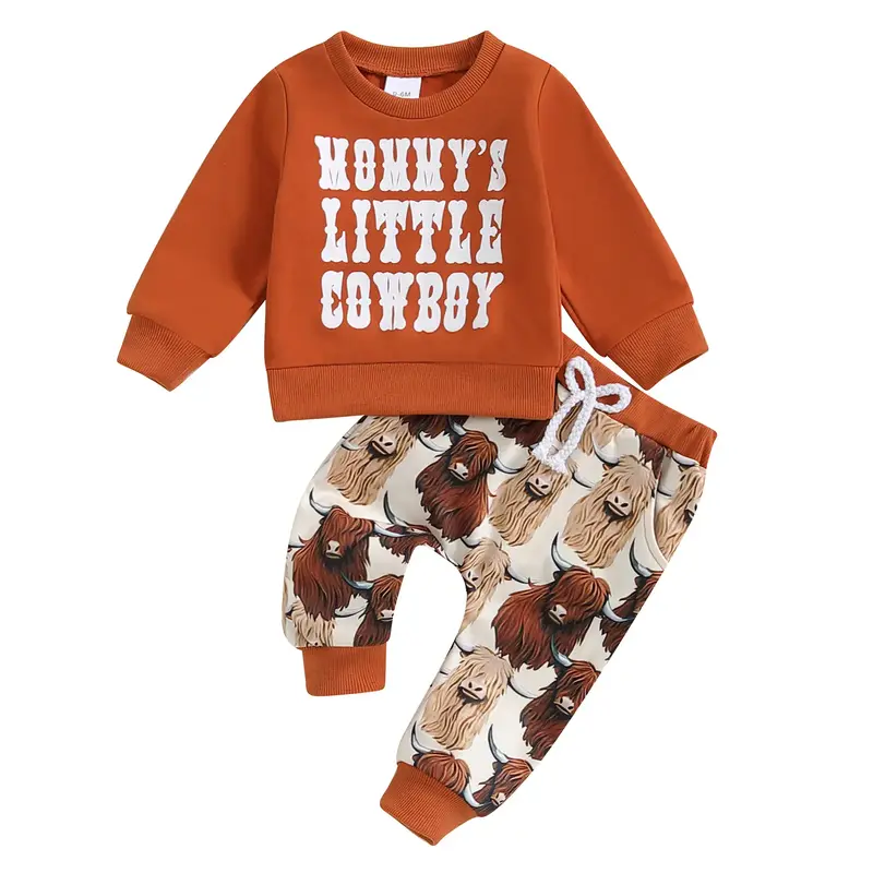 0-3T Toddler Baby Boys Fall Winter Outfits Western Cowboy Letter Print Long Sleeve Sweatshirts and Western Cow Print Long Pan...