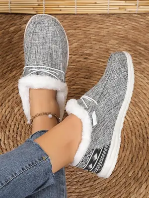 Women's Lace up Fuzzy Trim Low Top Fluffy Shoes, 1 Pair Lightweight Breathable Comfortable Sports Shoes for Daily Wear, Perfe...