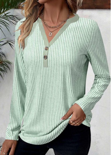 Modlily Light Green Button Striped Long Sleeve T Shirt - L