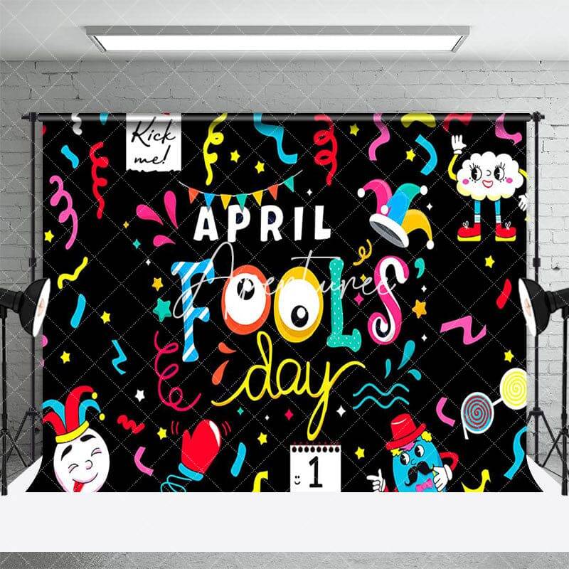Aperturee Black Colorul Ribbons Funny April Fools Day Backdrop, 3X2FT(1MX0.6M), 14 USD, commemorative backdrops, ZHF422A-M