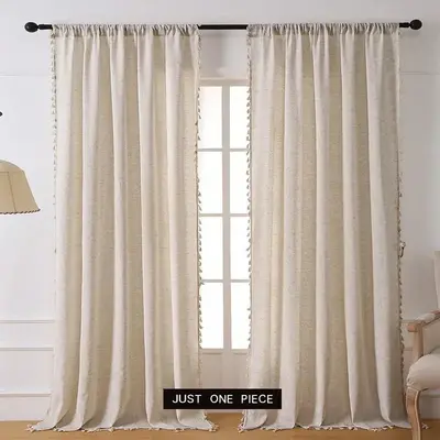 Modern Solid Color Curtain, 1 Count Elegant Window Curtain with Tassel Decor, Decorative Window Curtain for Home Living Room ...