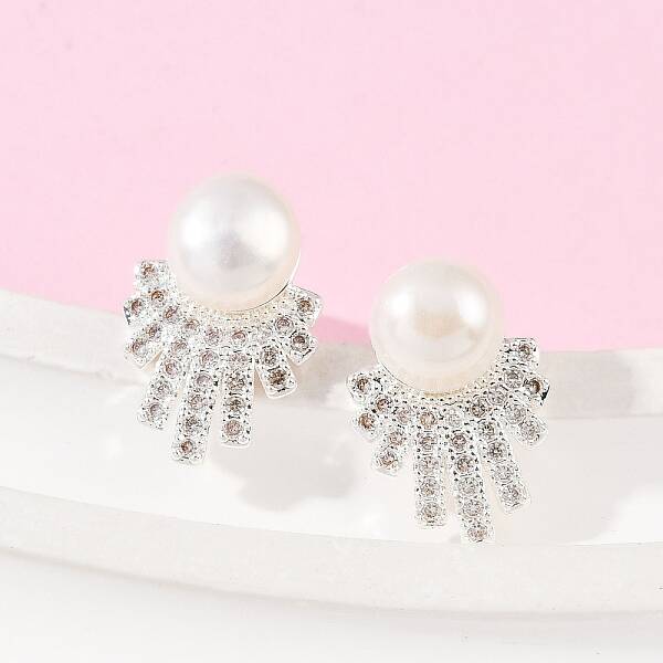 Round Brass Micro Pave Clear Cubic Zirconia Stud Earrings