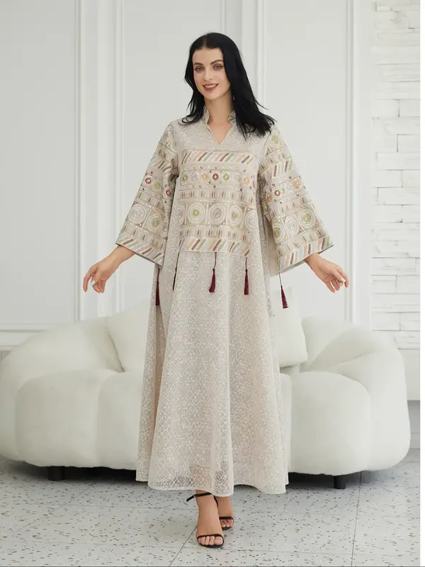 Elegant Women's Middle Eastern Style Jalabiya Dress, Long Sleeve Stand Collar Maxi Dress, Beaded Sequins Patchwork Design Wom...