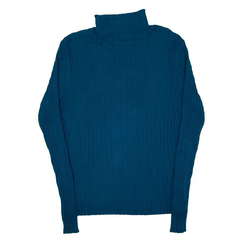 L.A BLUES Ribbed Jumper Blue Tight Knit Roll Neck Womens L