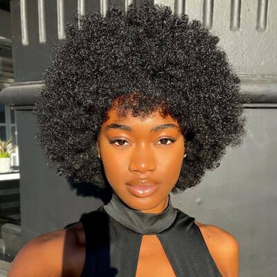 ISEE Afro Curly Bangs Wig Short Bob Fluffy Full Machine Made Human Hair Wig