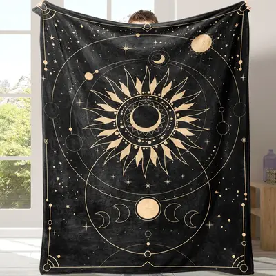Bedroom Decor Home Blankets, Sun & Moon Pattern Flannel Blanket, Soft Throw Blanket for Sofa, Bed, Air-conditioned Room, Trav...