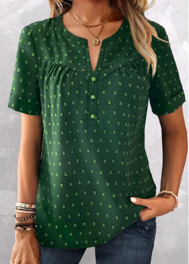 Modlily Green Button Short Sleeve Split Neck Blouse - M