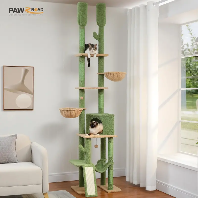 PAWZ Road Cactus Cat Tree Floor to Ceiling Cat Tower with Adjustable Height(87-112 Inches), 7 Tiers with Hammocks, 5 Platform...