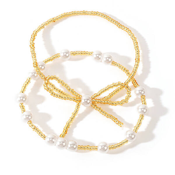 2Pcs Bohemian Bowknot Brass & Glass Pearl Beaded Stretch Bracelets for Women