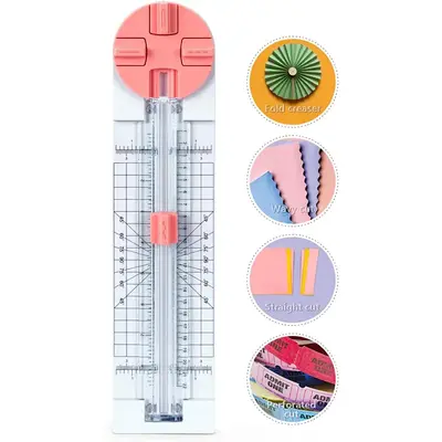 Pink Paper Cutter 4-in-1 Paper Trimmer Multi-Function Scrapbooking Tool with Straight, Wave, Perforated & Creasing Blades for...