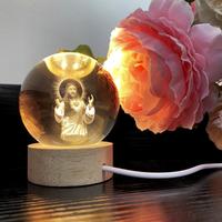 Crystal Ball 3D Carving with Warm Light – Religious Glass Ball in Wooden Frame for Home Decor & Collectible Gifts