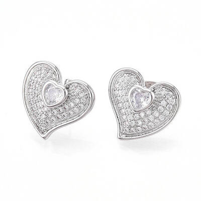 Heart Brass Pave Clear Cubic Zirconia Stud Earrings